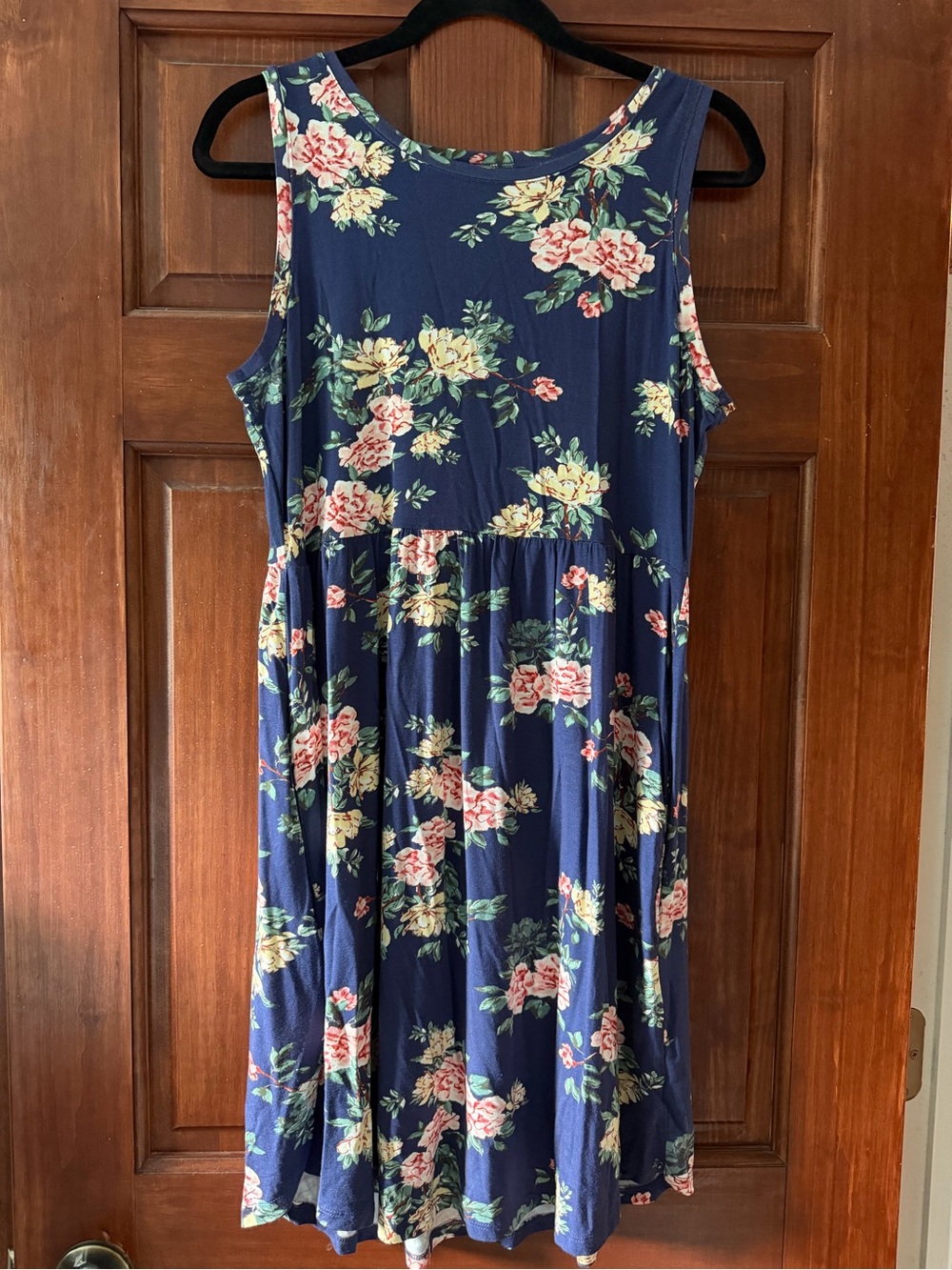 Sleeveless Navy Floral Midi Dress with Pink & Cream Blooms